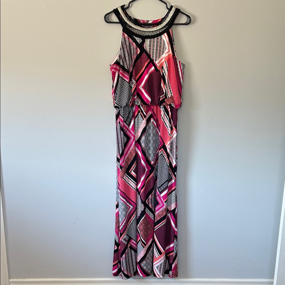 Sandra Darren Pink, Black & White Geometric Halter Maxi Dress